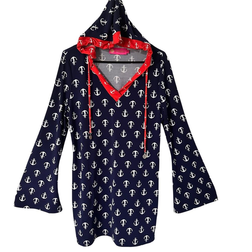 Macbeth Collection |Margaret Joseph Long Sleeve Hooded Anchor Print Swim Dress M